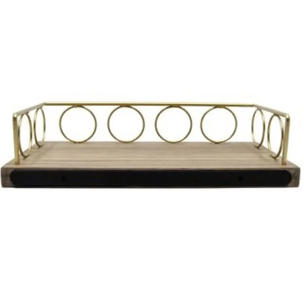 New View‎ Circle Gold Rim Floating Shelf Light Wash Gold Wooden Base Easy Mount